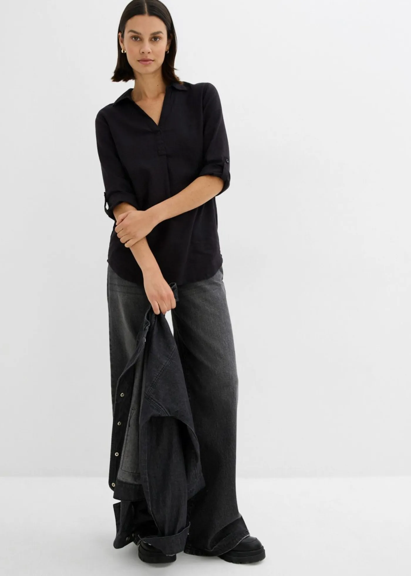 bonprix bonprix Camisas Y Blusas|Novedades>Blusa de mangas 3/4 con lino Negro