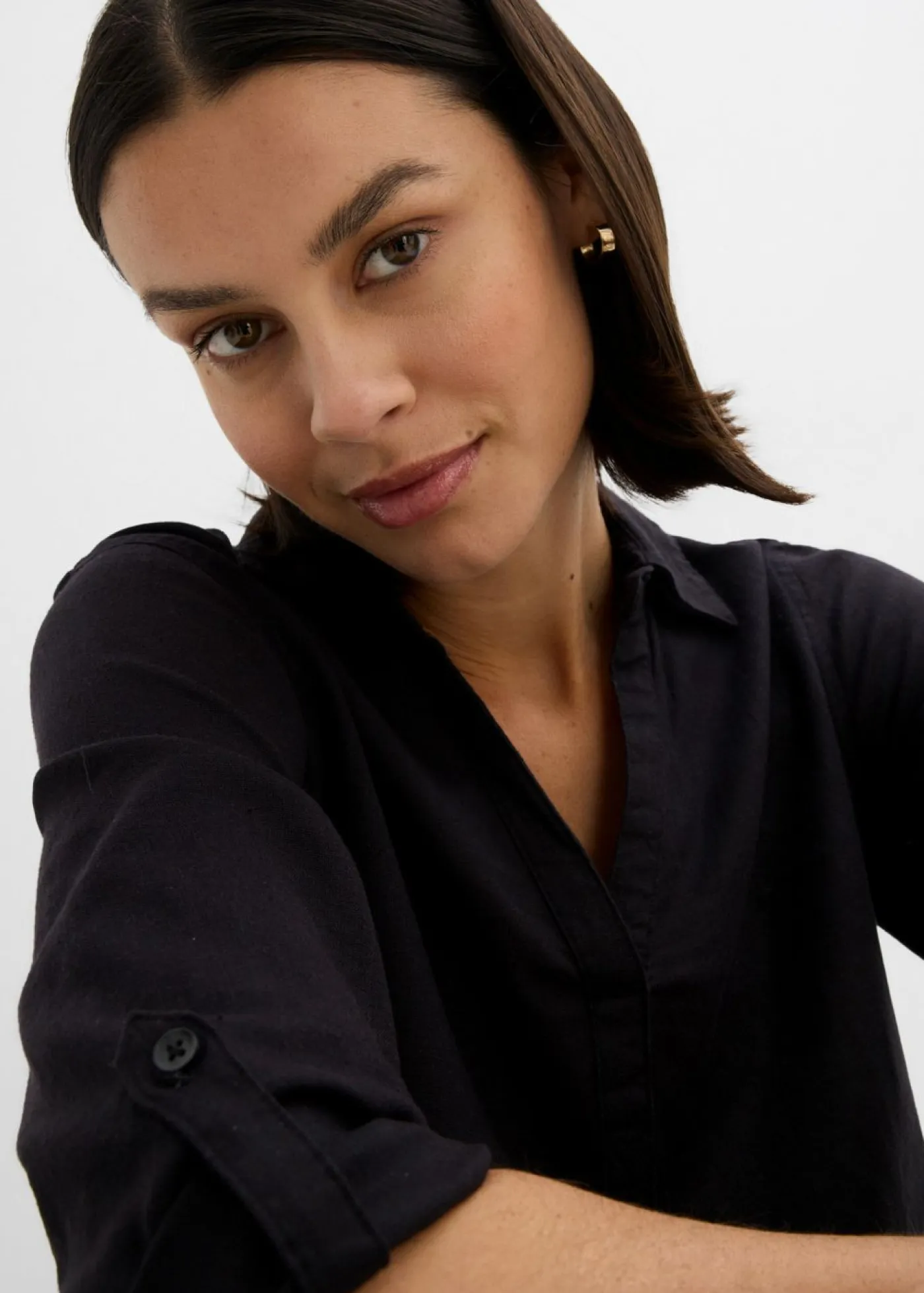 bonprix bonprix Camisas Y Blusas|Novedades>Blusa de mangas 3/4 con lino Negro