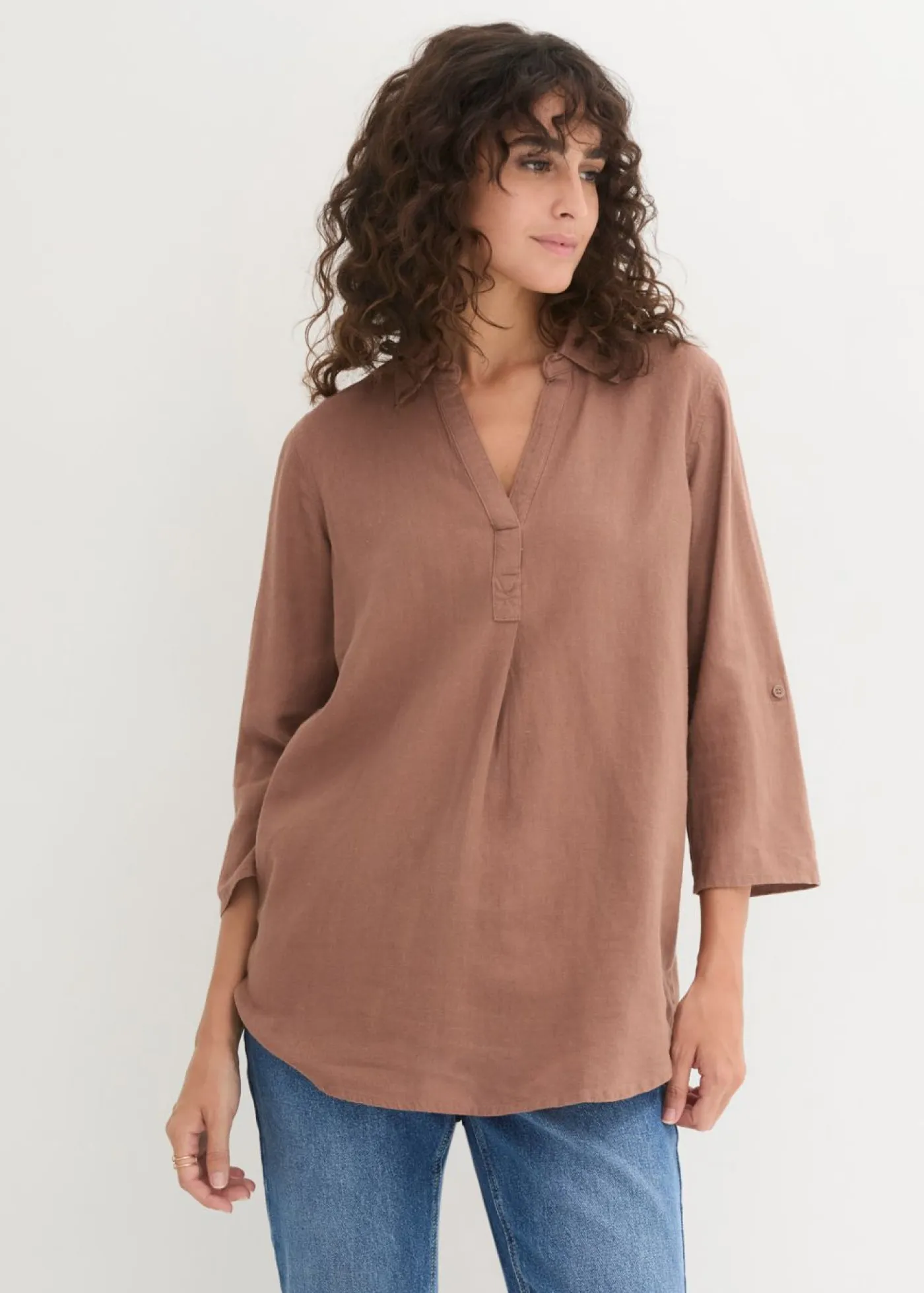 bonprix bonprix Camisas Y Blusas|Novedades>Blusa de mangas 3/4 con lino marrón