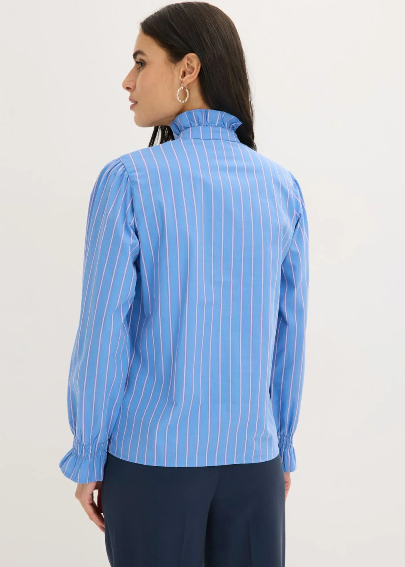 bonprix bonprix Camisas Y Blusas>Blusa de popelín con volantes en el cuello Azul provenzal/blanco/pink lady de rayas