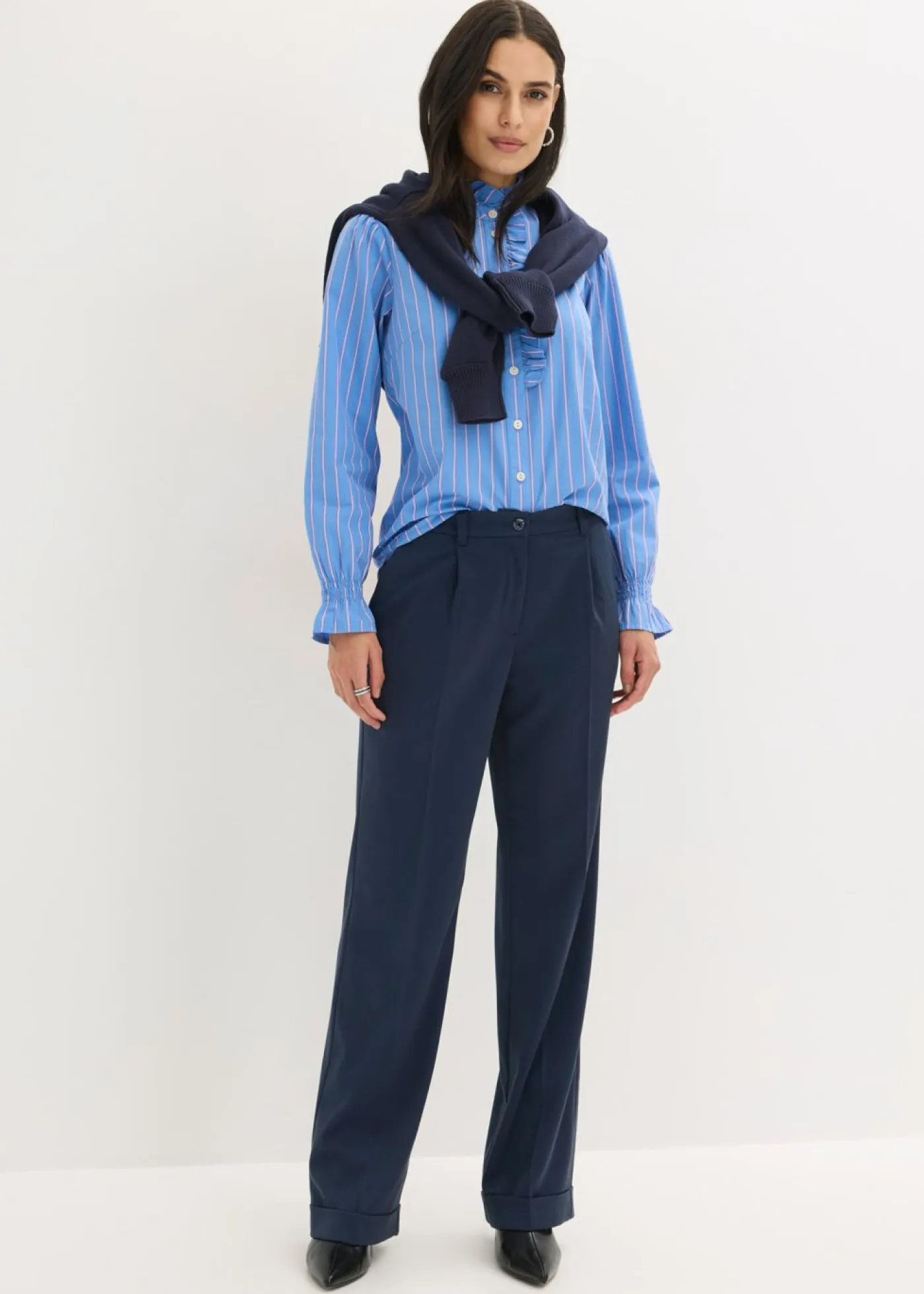 bonprix bonprix Camisas Y Blusas>Blusa de popelín con volantes en el cuello Azul provenzal/blanco/pink lady de rayas