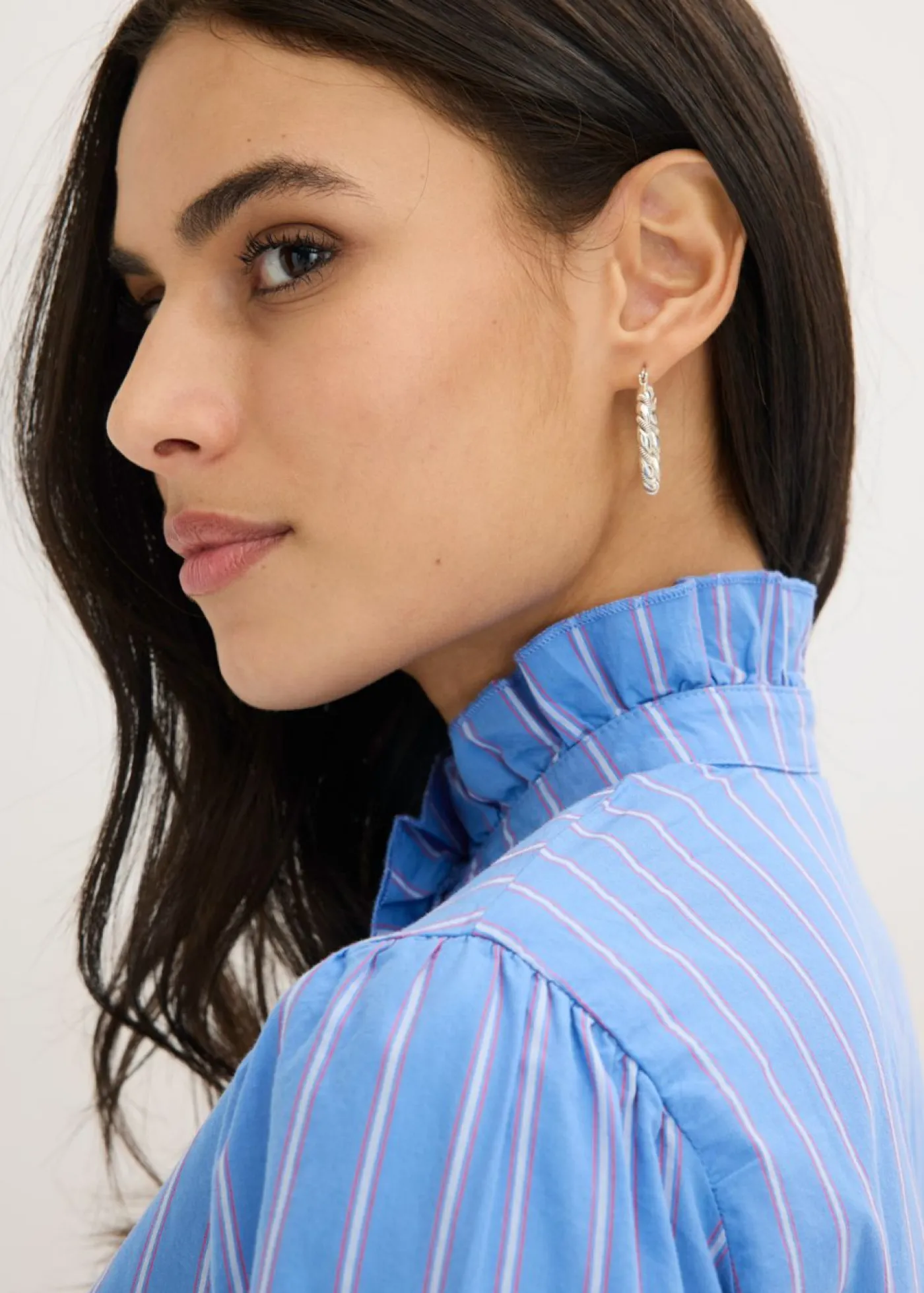 bonprix bonprix Camisas Y Blusas>Blusa de popelín con volantes en el cuello Azul provenzal/blanco/pink lady de rayas