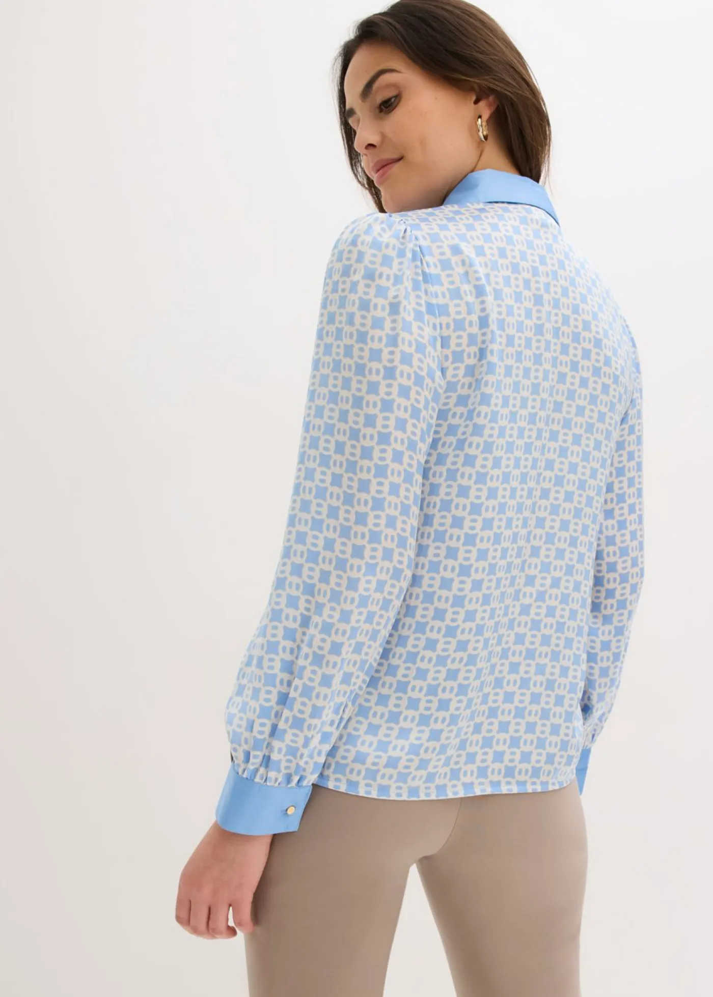 bonprix bonprix Camisas Y Blusas|Novedades>Blusa de satén Azul provenzal/beige natural con estampado gráfico