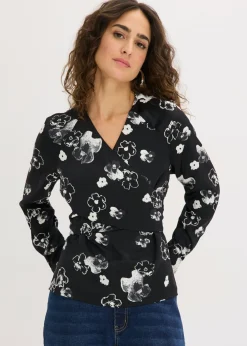 bonprix bonprix Camisas Y Blusas>Blusa de satén fluido Negro con flores