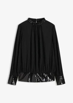 bonprix bonprix Camisas Y Blusas|Ropa Elegante>Blusa de tul fino con lentejuelas Negro