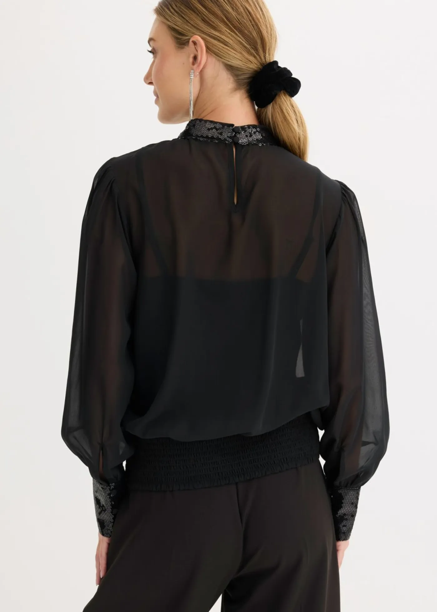 bonprix bonprix Camisas Y Blusas|Ropa Elegante>Blusa de tul fino con lentejuelas Negro