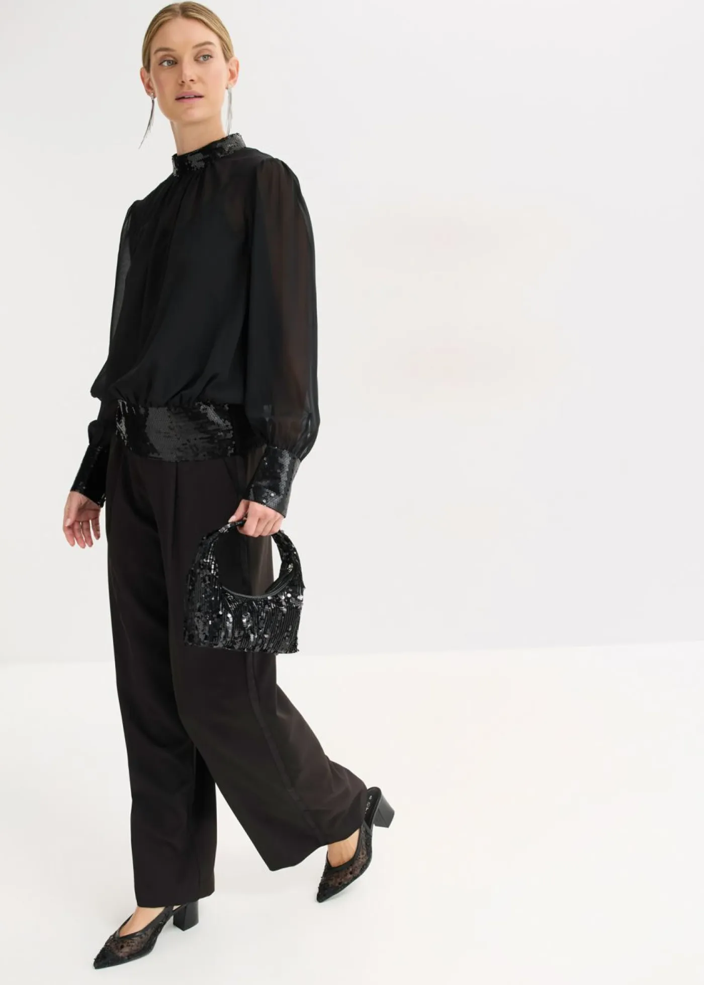 bonprix bonprix Camisas Y Blusas|Ropa Elegante>Blusa de tul fino con lentejuelas Negro