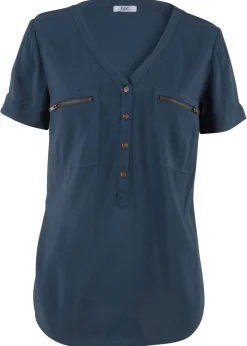 bonprix bonprix Camisas Y Blusas>Blusa de viscosa con manga corta Azul oscuro