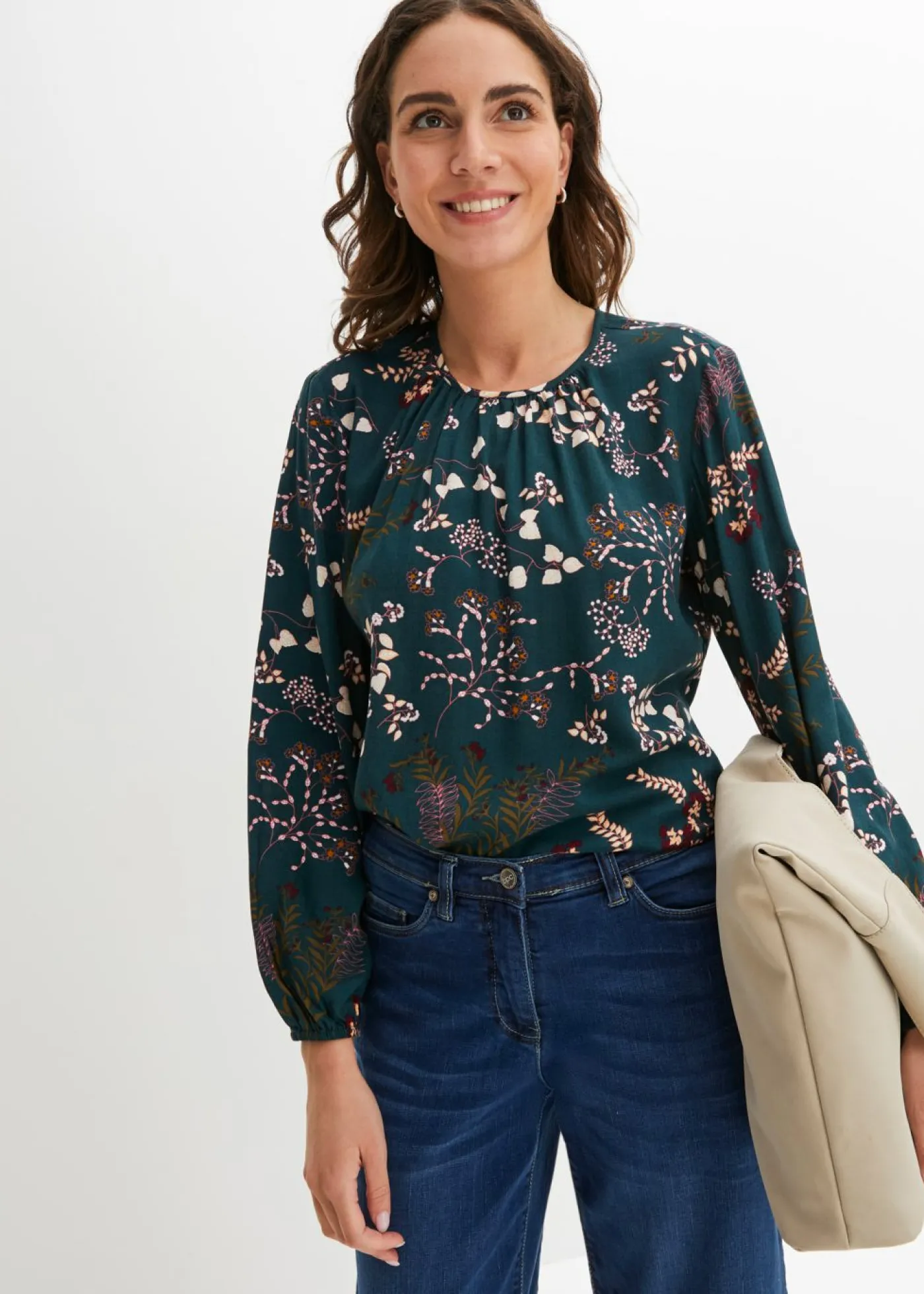 bonprix bonprix Camisas Y Blusas>Blusa de viscosa sostenible verde intenso con flores