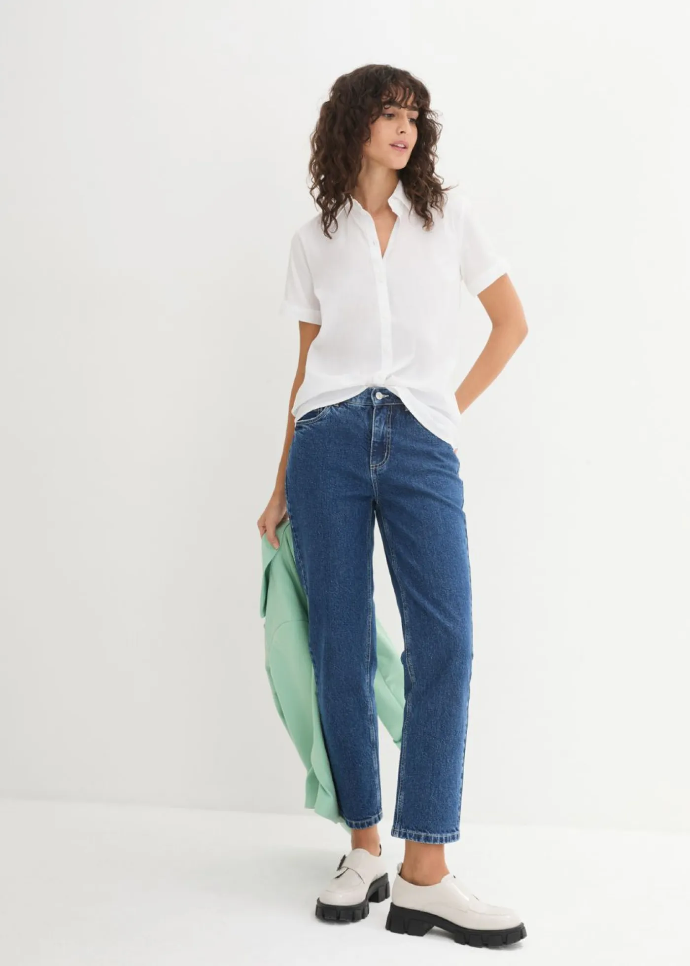 bonprix bonprix Camisas Y Blusas|Novedades>Blusa elástica de manga corta de mezcla de algodón Blanco