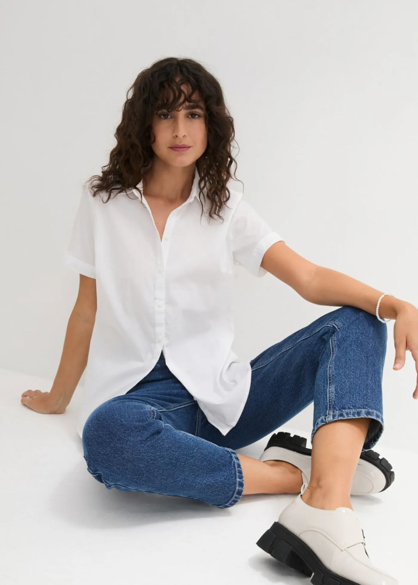 bonprix bonprix Camisas Y Blusas|Novedades>Blusa elástica de manga corta de mezcla de algodón Blanco