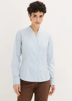 Mujer bonprix bonprix Blusa elástica de popelín con cuello chimenea y ligera transparencia