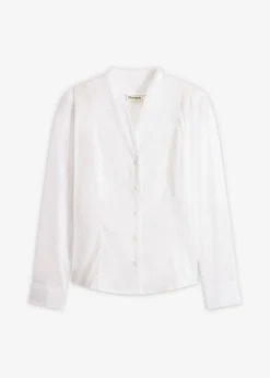 bonprix bonprix Camisas Y Blusas>Blusa elástica de popelín con cuello chimenea y ligera transparencia Blanco