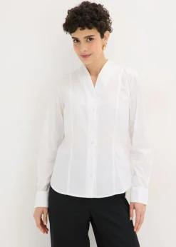 bonprix bonprix Camisas Y Blusas>Blusa elástica de popelín con cuello chimenea y ligera transparencia Blanco