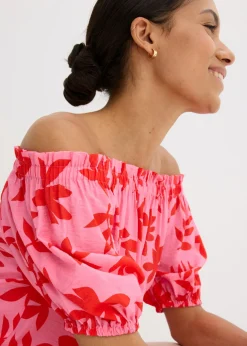 Mujer bonprix bonprix Blusa estampada de mezcla de viscosa fina con escote bañera