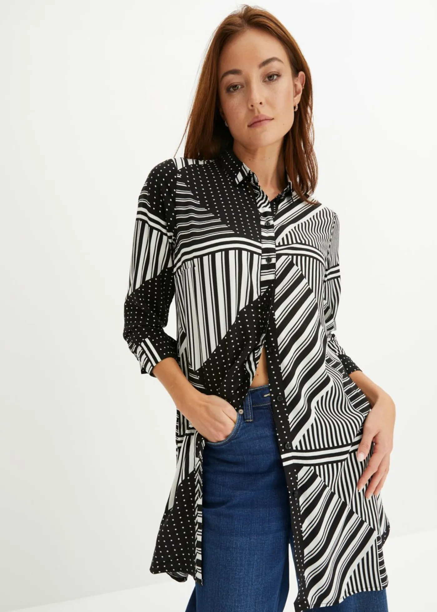 bonprix bonprix Camisas Y Blusas>Blusa larga Negro-blanco con estampado gráfico