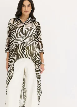 bonprix bonprix Camisas Y Blusas>Blusa larga de gasa estampado cebra crudo/verde oliva oscuro