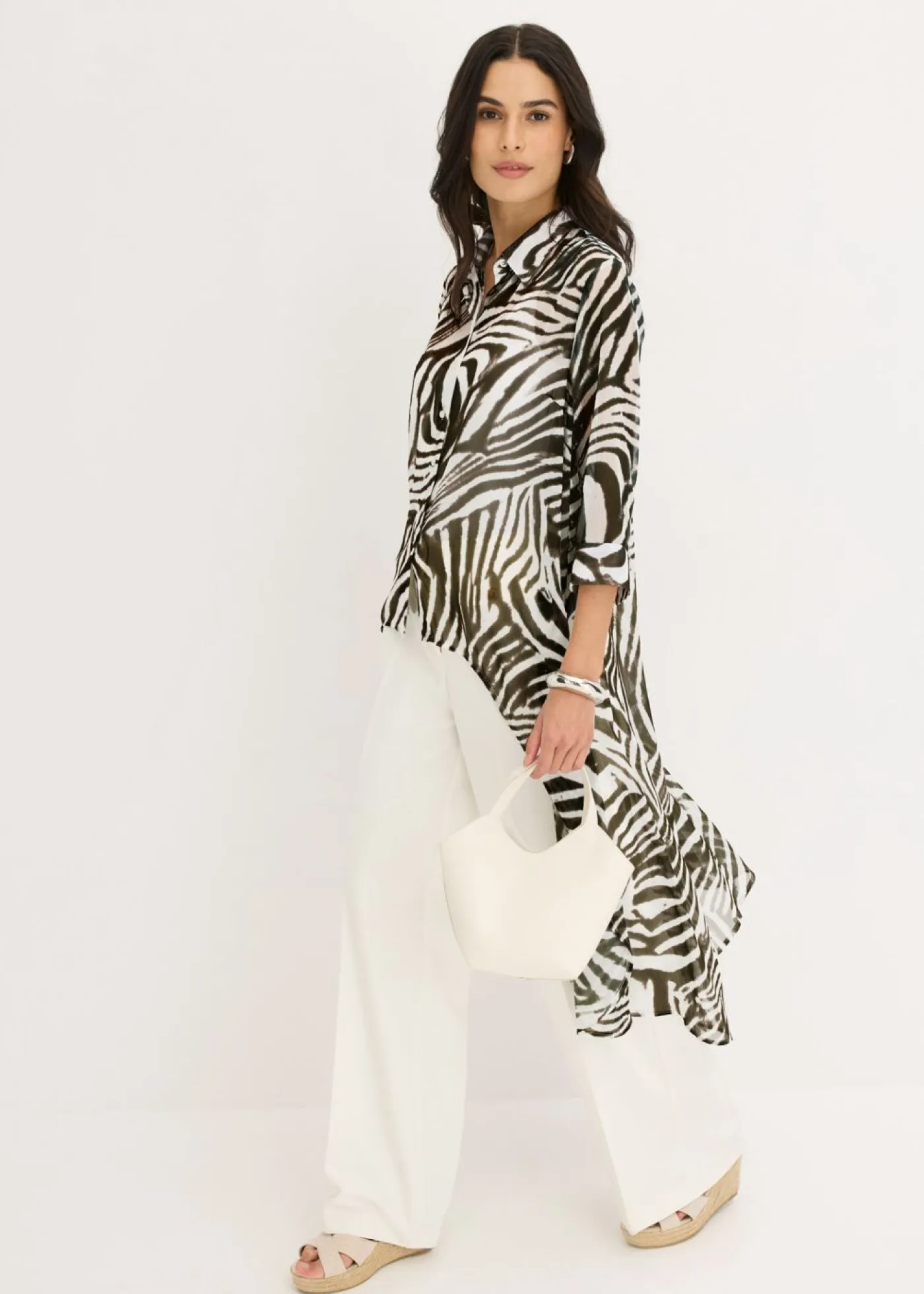 bonprix bonprix Camisas Y Blusas>Blusa larga de gasa estampado cebra crudo/verde oliva oscuro