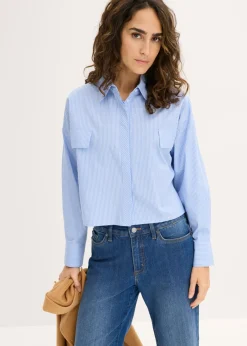 bonprix bonprix Camisas Y Blusas>Blusa oversize de mezcla de algodón azul pálido-blanco con rayas