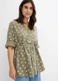 bonprix bonprix Premamá>Blusa premamá/de lactancia de muselina de algodón puro Verde oliva-blanco lana