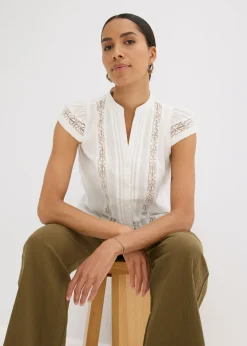 Mujer bonprix bonprix Blusa sin mangas de algodón puro con bordado calado