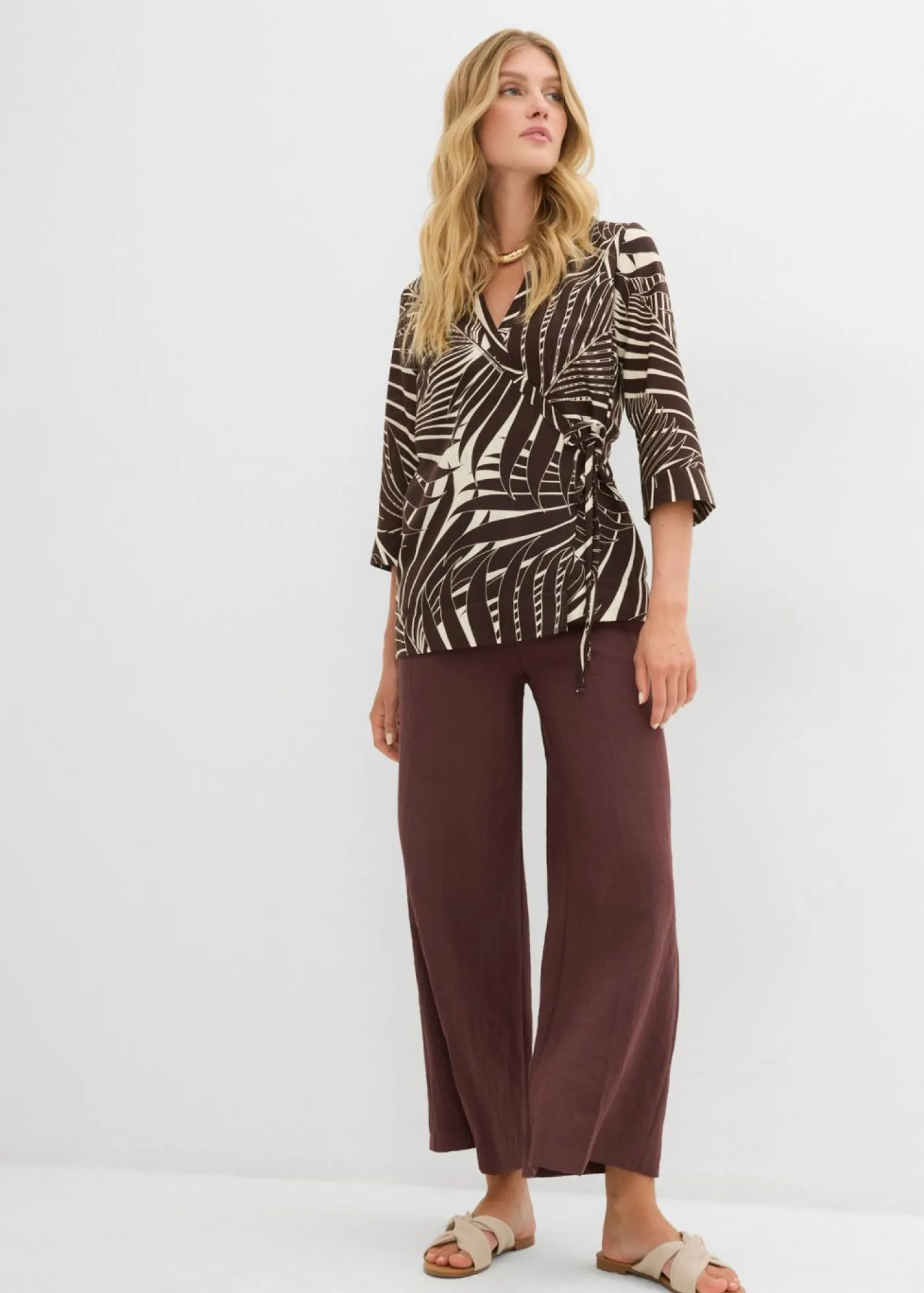 bonprix bonprix Camisas Y Blusas>Blusa tipo kimono con aspecto de lino crudo-marrón oscuro