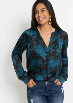 bonprix bonprix Camisas Y Blusas>Blusa tipo túnica con ligero crepé Negro/azul petróleo de flores