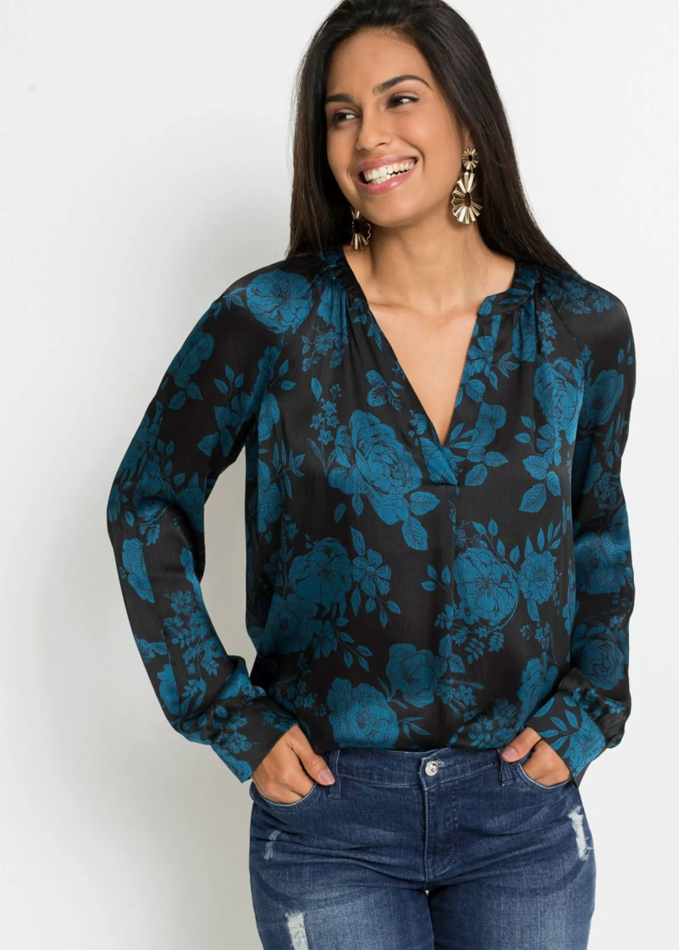 bonprix bonprix Camisas Y Blusas>Blusa tipo túnica con ligero crepé Negro/azul petróleo de flores