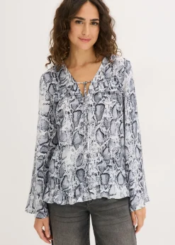 bonprix bonprix Camisas Y Blusas>Blusa tipo túnica de satén vaporoso Negro-blanco con estampado de serpiente