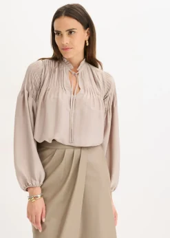 bonprix bonprix Camisas Y Blusas>Blusa tipo túnica de satén brillante con ribetes Piedra