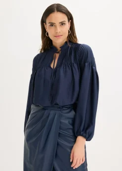 bonprix bonprix Camisas Y Blusas>Blusa tipo túnica de satén brillante con ribetes Azul marino
