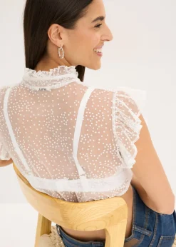 Mujer bonprix bonprix Blusa tirolesa de tul delicado con estampado de lunares