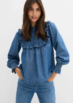 bonprix bonprix Camisas Y Blusas>Blusa vaquera con volantes Azul piedra usado