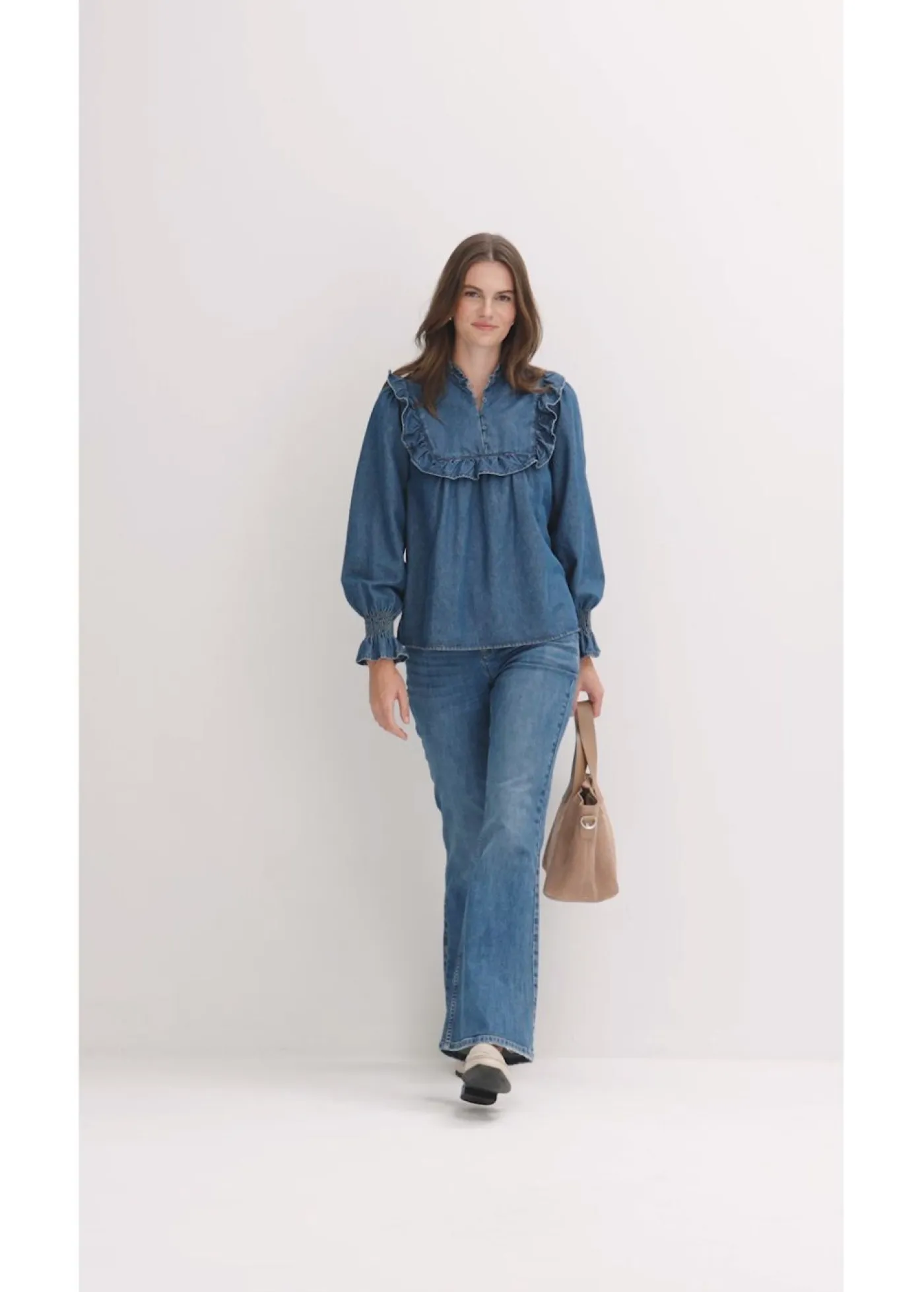 bonprix bonprix Camisas Y Blusas>Blusa vaquera con volantes Azul piedra usado