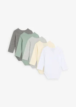 bonprix bonprix Packs|Peleles Y Bodies>Body de manga larga para bebé de algodón orgánico (5 unidades) gris jaspeado+verde ahumado+blanco+beige natural+gris claro jaspeado