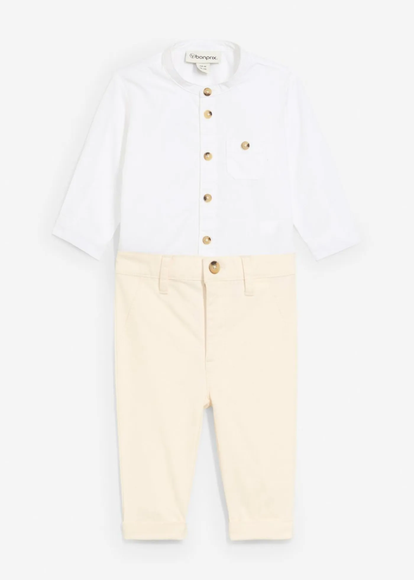 bonprix bonprix Pantalones|Partes De Arriba>Body tipo camisa y pantalón tipo chino de algodón puro (conjunto de 2 piezas) blanco+beige natural
