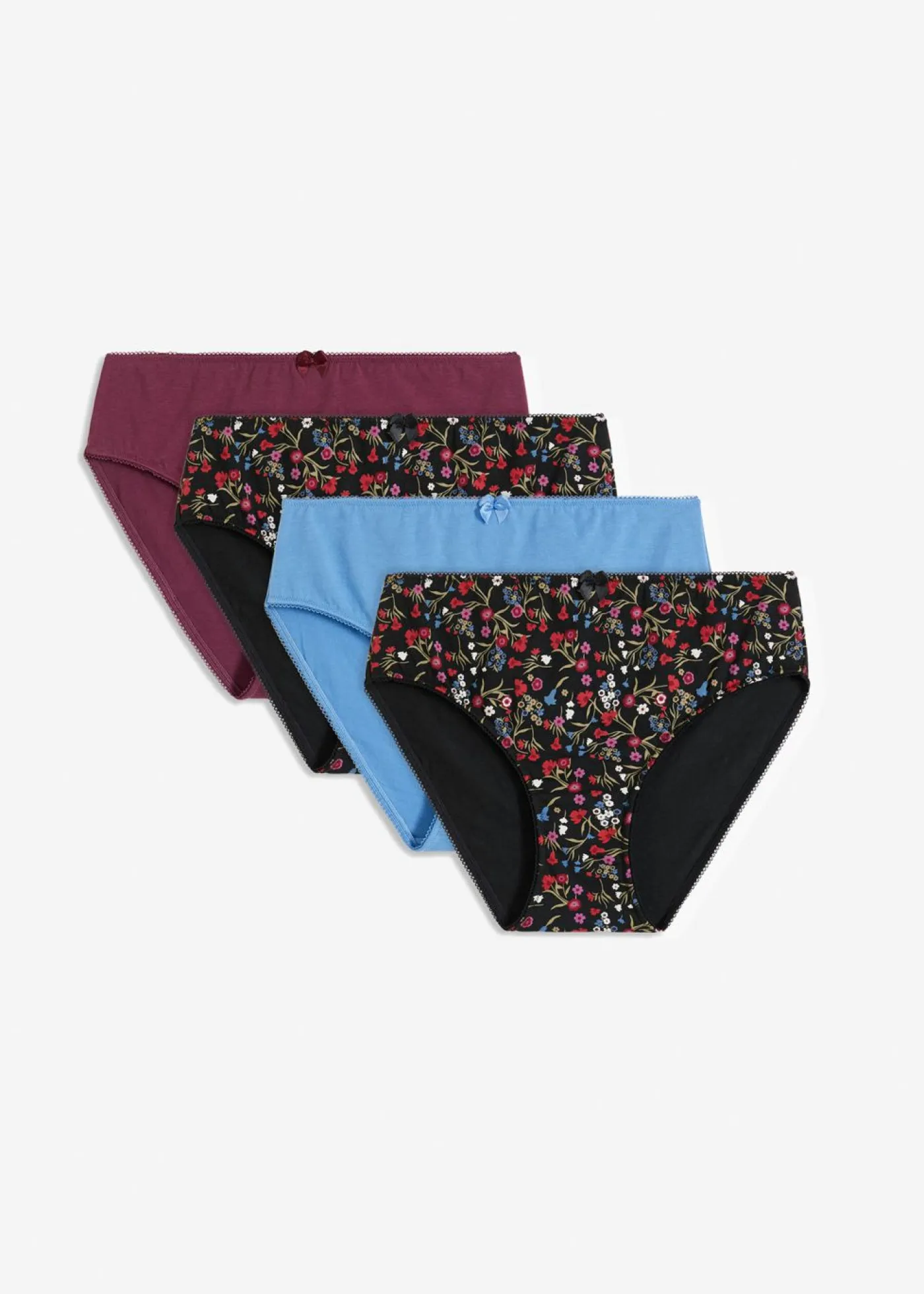 bonprix bonprix Ropa Interior De Algodón|Bragas>Braga con algodón orgánico (4 unidades) negro-caqui nuevo-berenjena-fresa-rojo atardecer-azul cristal-mora mate-blanco lana con flores
