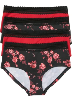bonprix bonprix Ropa Interior De Algodón|Bragas>Braga con encaje y algodón orgánico (4 unidades) negro/rojo brillantecon flores