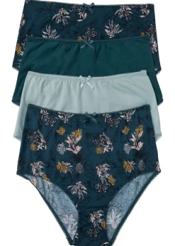 bonprix bonprix Ropa Interior De Algodón|Bragas>Braga de talle alto con algodón orgánico (4 unidades) Azul petróleo de flores + azul petróleo oscuro + azul ahumado