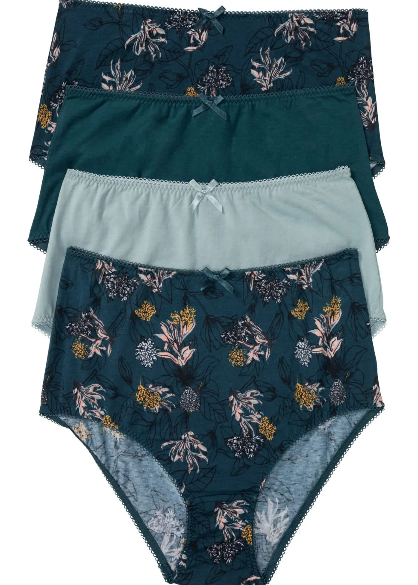 bonprix bonprix Ropa Interior De Algodón|Bragas>Braga de talle alto con algodón orgánico (4 unidades) Azul petróleo de flores + azul petróleo oscuro + azul ahumado