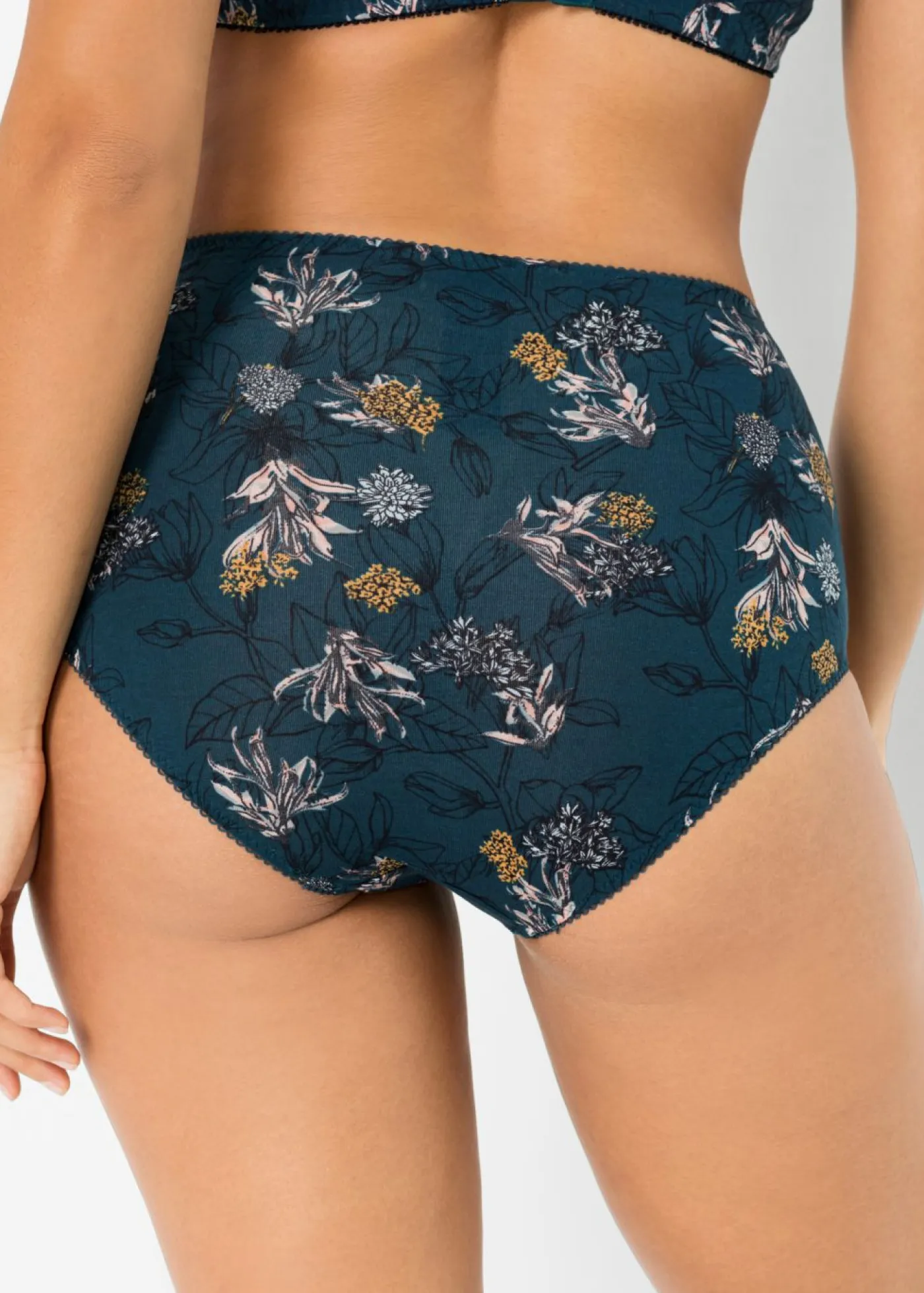 bonprix bonprix Ropa Interior De Algodón|Bragas>Braga de talle alto con algodón orgánico (4 unidades) Azul petróleo de flores + azul petróleo oscuro + azul ahumado