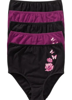 bonprix bonprix Ropa Interior De Algodón|Bragas>Braga de talle alto con algodón (5 unidades) Negro/zumo de uva estampado
