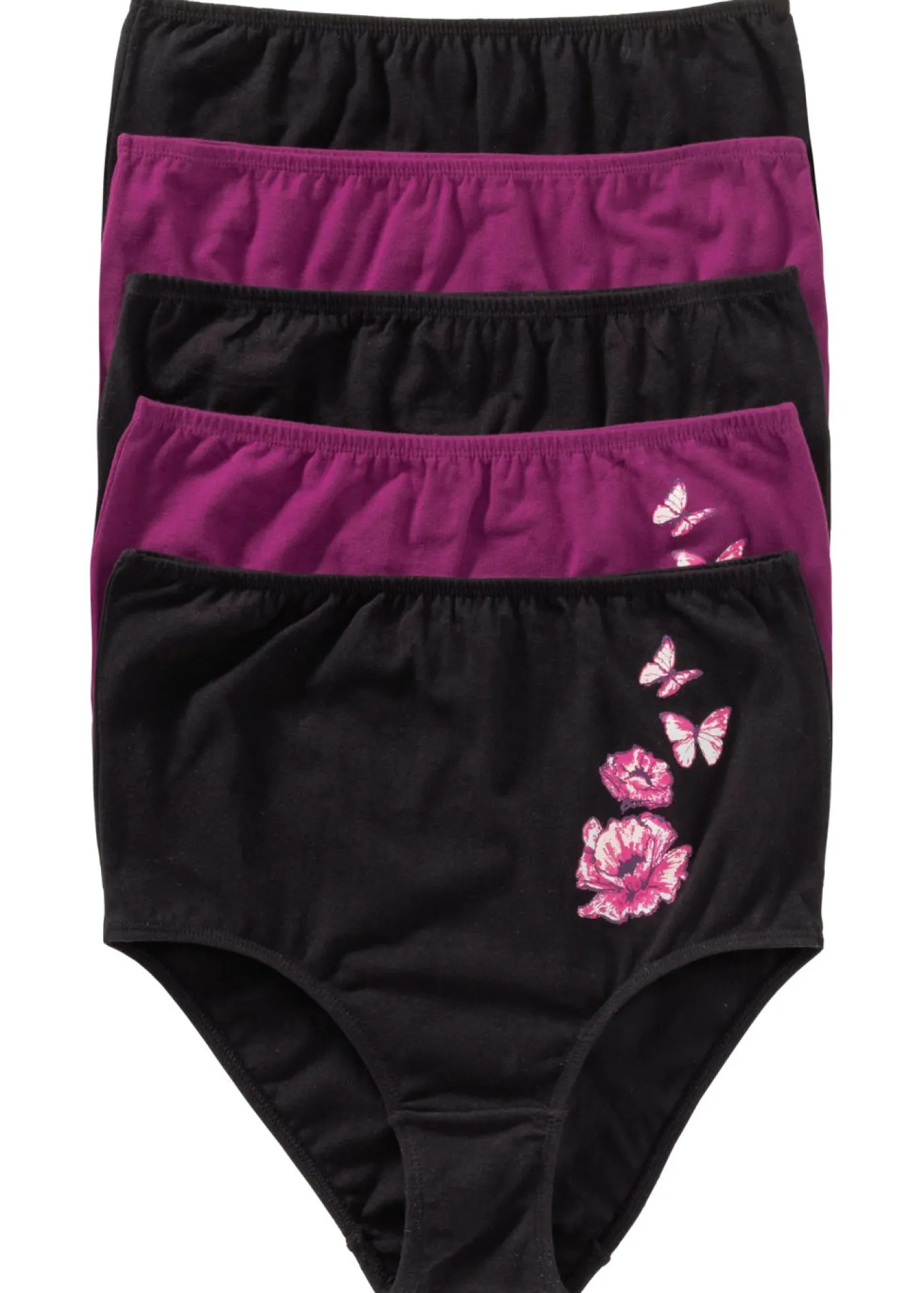 bonprix bonprix Ropa Interior De Algodón|Bragas>Braga de talle alto con algodón (5 unidades) Negro/zumo de uva estampado