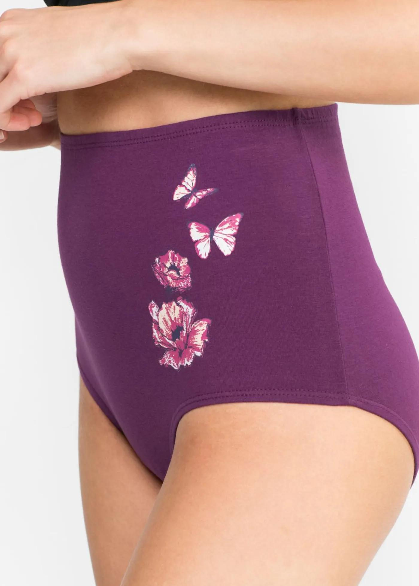 bonprix bonprix Ropa Interior De Algodón|Bragas>Braga de talle alto con algodón (5 unidades) Negro/zumo de uva estampado