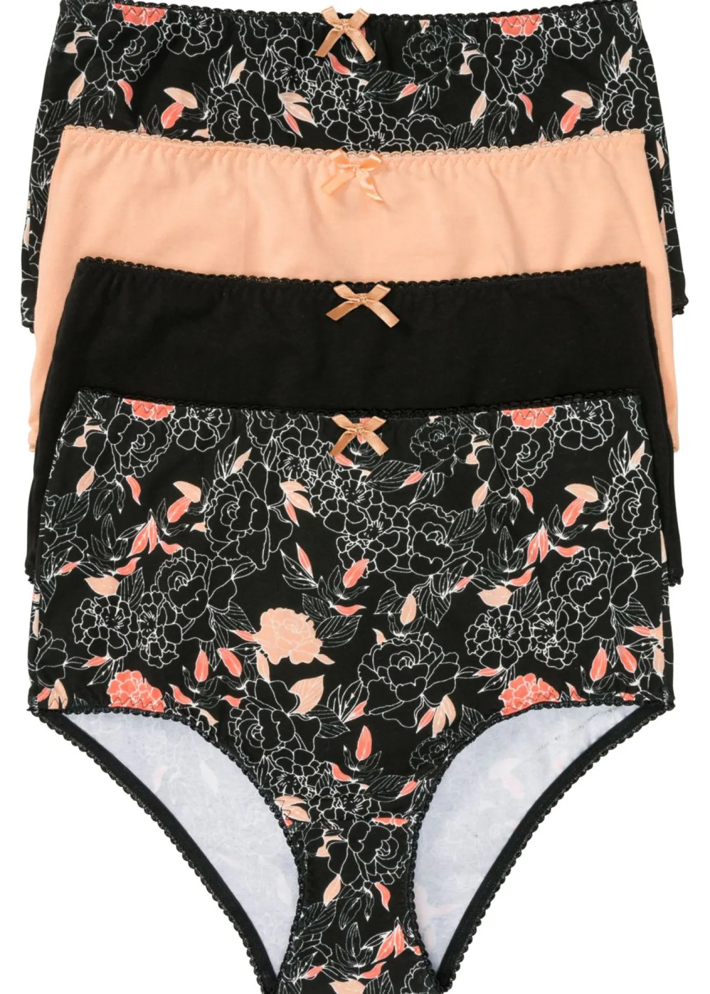 bonprix bonprix Ropa Interior De Algodón|Bragas>Braguita de talle alto (4 unidades) Negro de flores/negro/melocotón
