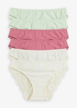 bonprix bonprix Ropa Interior De Algodón|Bragas>Braguitas con encaje (6 unidades) Blanco lana + verde pastel + sorbete de frutos rojos