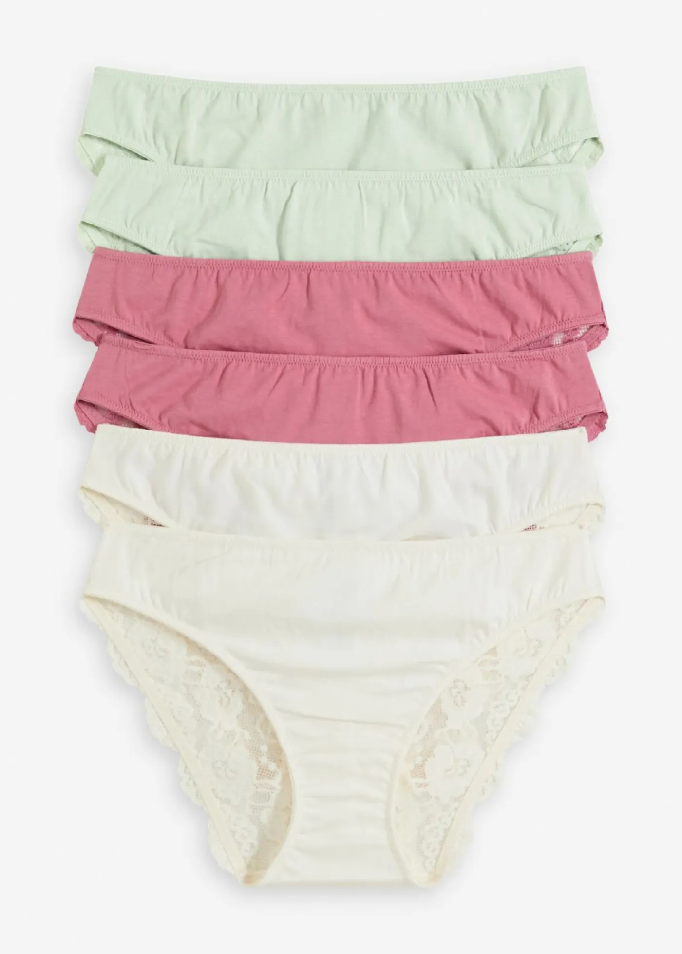 bonprix bonprix Ropa Interior De Algodón|Bragas>Braguitas con encaje (6 unidades) Blanco lana + verde pastel + sorbete de frutos rojos