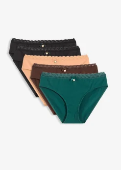 bonprix bonprix Temática·Lencería De Primavera|Ropa Interior De Algodón>Braguitas con encaje (5 unidades) negro-marrón oscuro-verde petróleo-papaya suave
