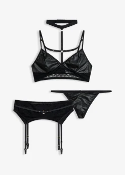 bonprix VENUS Lencería Sexy>Bralette + tanga + sujetador con tirantes con efecto mojado (3 piezas) Negro