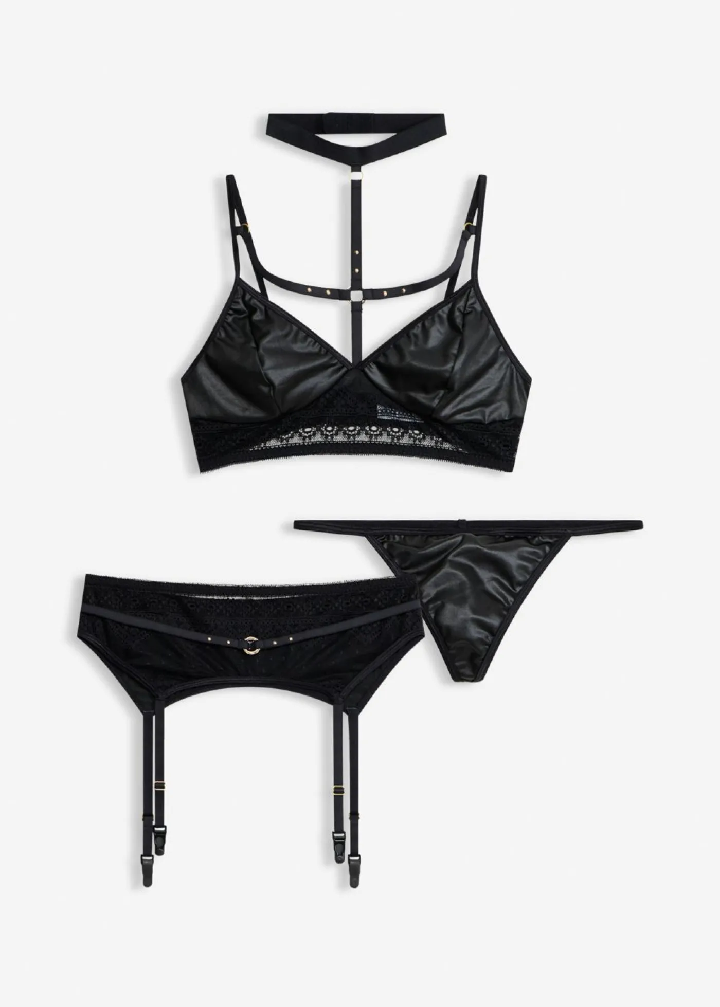 bonprix VENUS Lencería Sexy>Bralette + tanga + sujetador con tirantes con efecto mojado (3 piezas) Negro